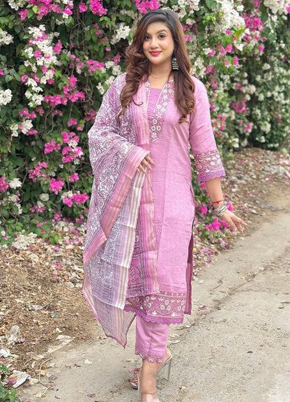 Lavanya Women's Embroidered Silk Blend Calf Length Straight Kurta Trouser with Dupatta Set - FitVibe Fashion