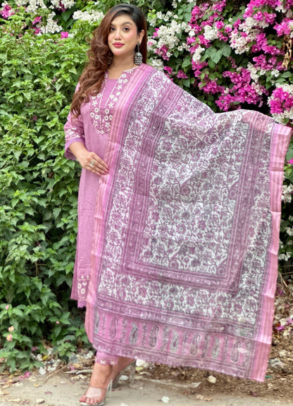 Lavanya Women's Embroidered Silk Blend Calf Length Straight Kurta Trouser with Dupatta Set - FitVibe Fashion