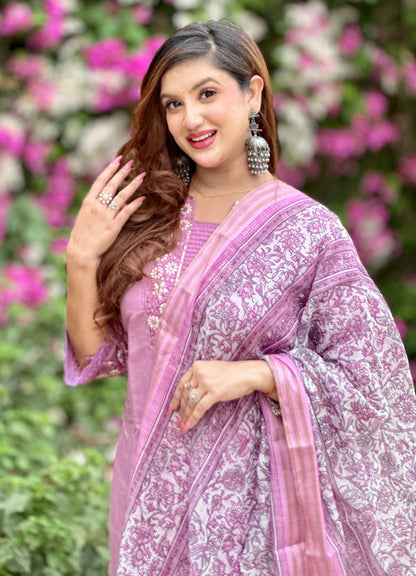 Lavanya Women's Embroidered Silk Blend Calf Length Straight Kurta Trouser with Dupatta Set - FitVibe Fashion