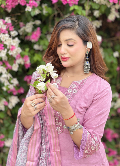 Lavanya Women's Embroidered Silk Blend Calf Length Straight Kurta Trouser with Dupatta Set - FitVibe Fashion