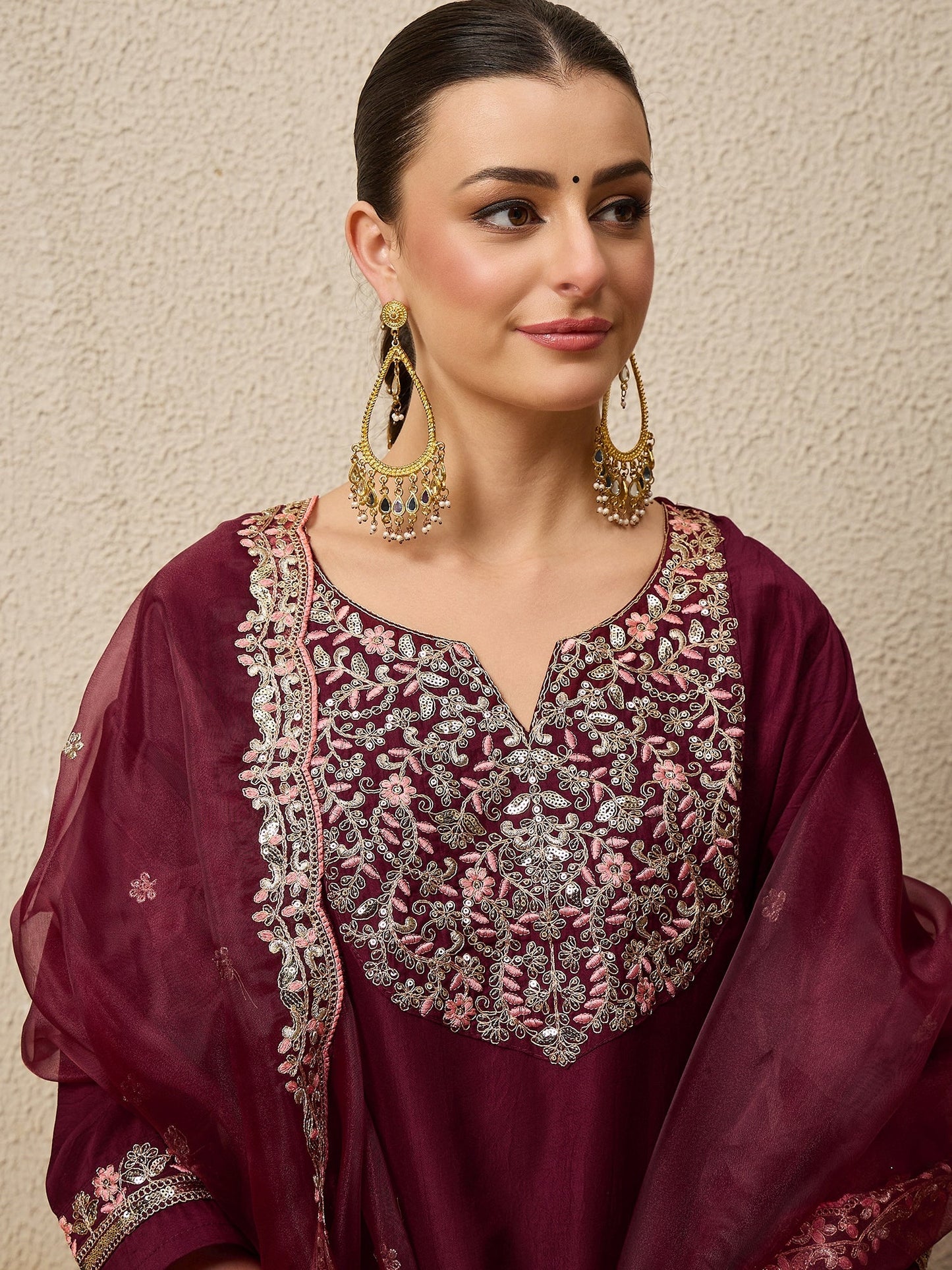 Roop Maroon Yoke Design Silk Blend Straight Suit With Dupatta - FitVibe Fashion