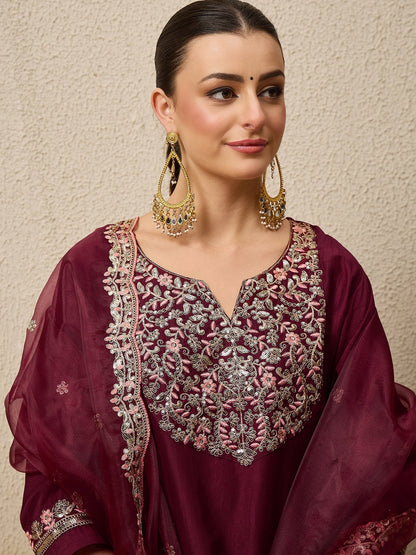 Roop Maroon Yoke Design Silk Blend Straight Suit With Dupatta - FitVibe Fashion