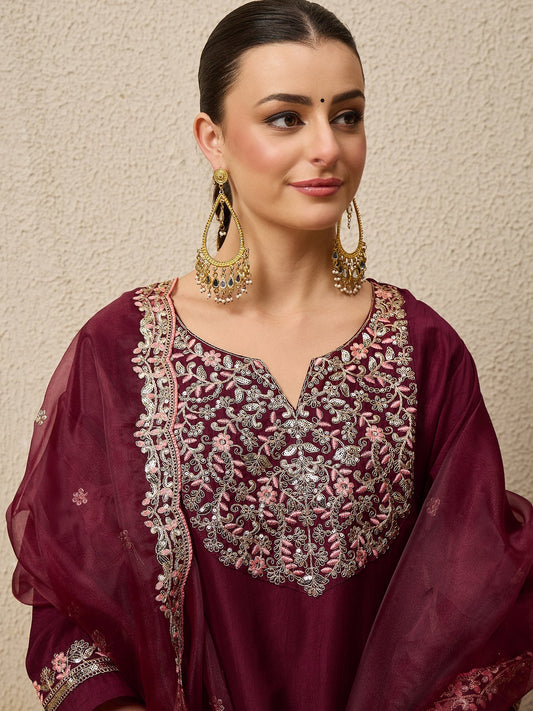 Roop Maroon Yoke Design Silk Blend Straight Suit With Dupatta - FitVibe Fashion