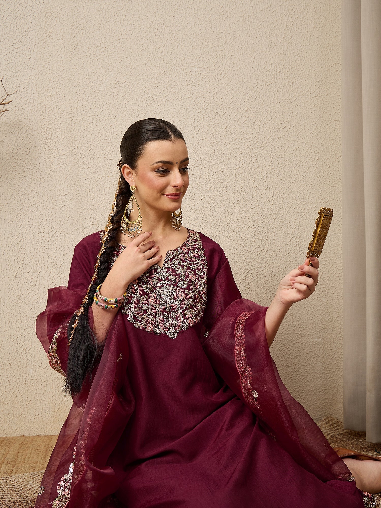 Roop Maroon Yoke Design Silk Blend Straight Suit With Dupatta - FitVibe Fashion