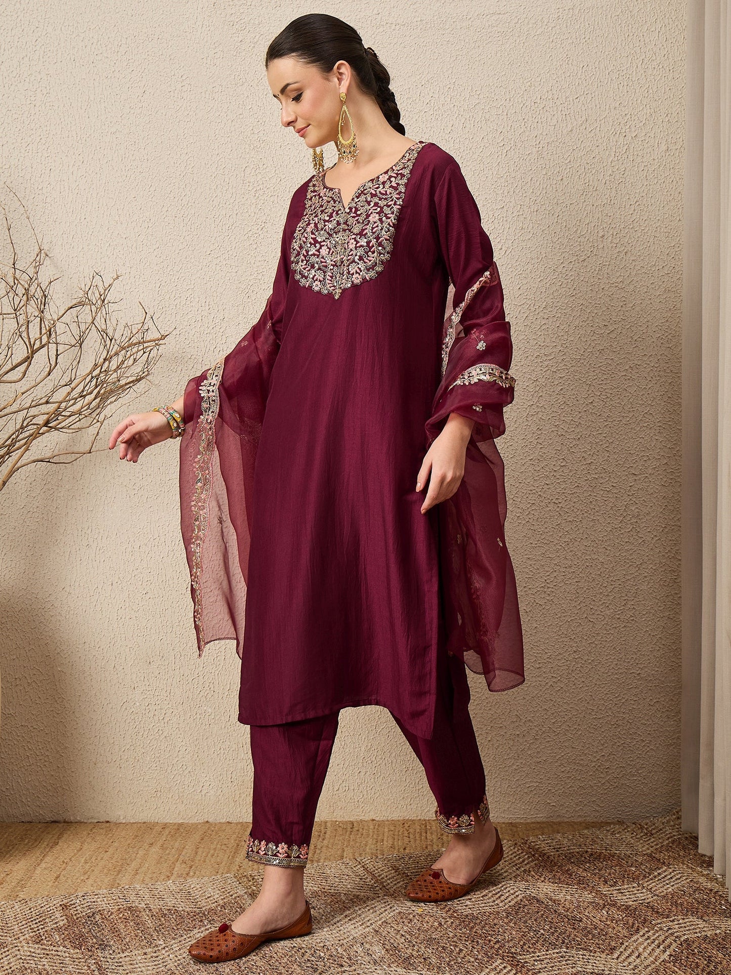 Roop Maroon Yoke Design Silk Blend Straight Suit With Dupatta - FitVibe Fashion