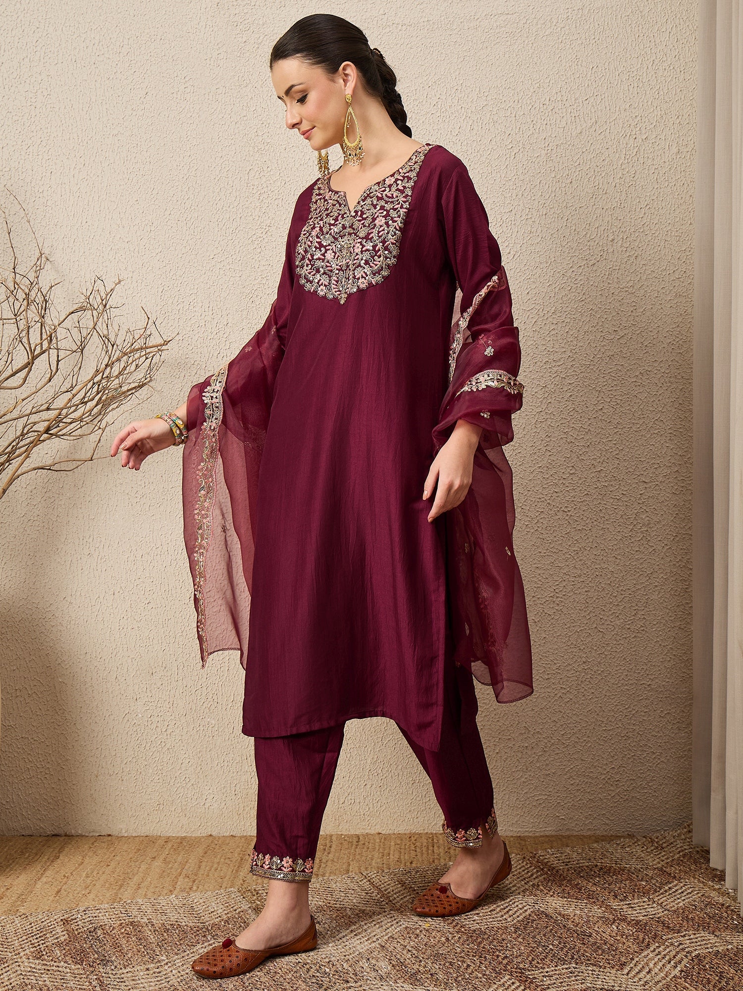 Roop Maroon Yoke Design Silk Blend Straight Suit With Dupatta - FitVibe Fashion