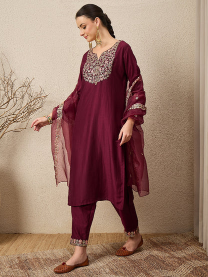 Roop Maroon Yoke Design Silk Blend Straight Suit With Dupatta - FitVibe Fashion