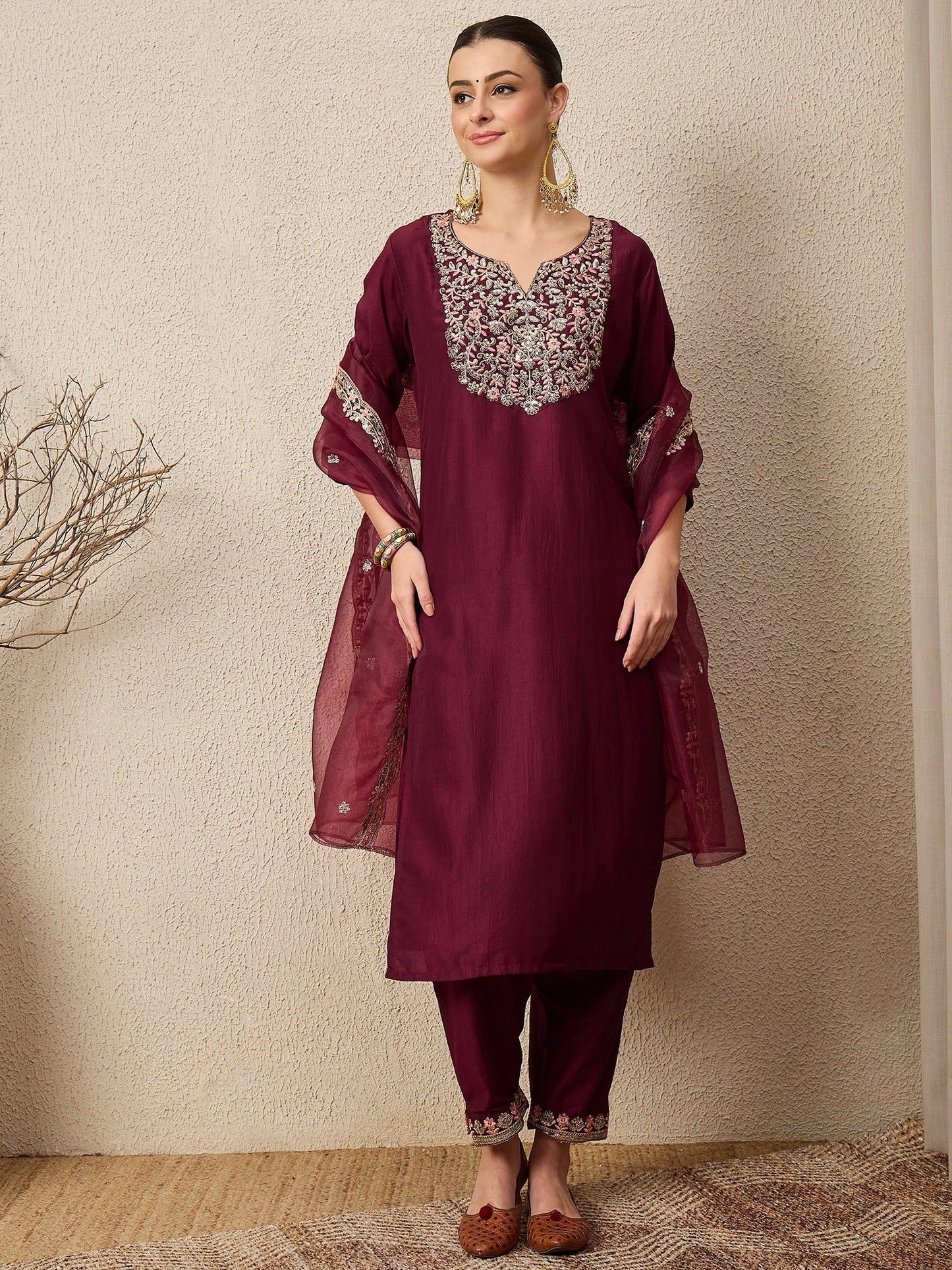 Roop Maroon Yoke Design Silk Blend Straight Suit With Dupatta - FitVibe Fashion