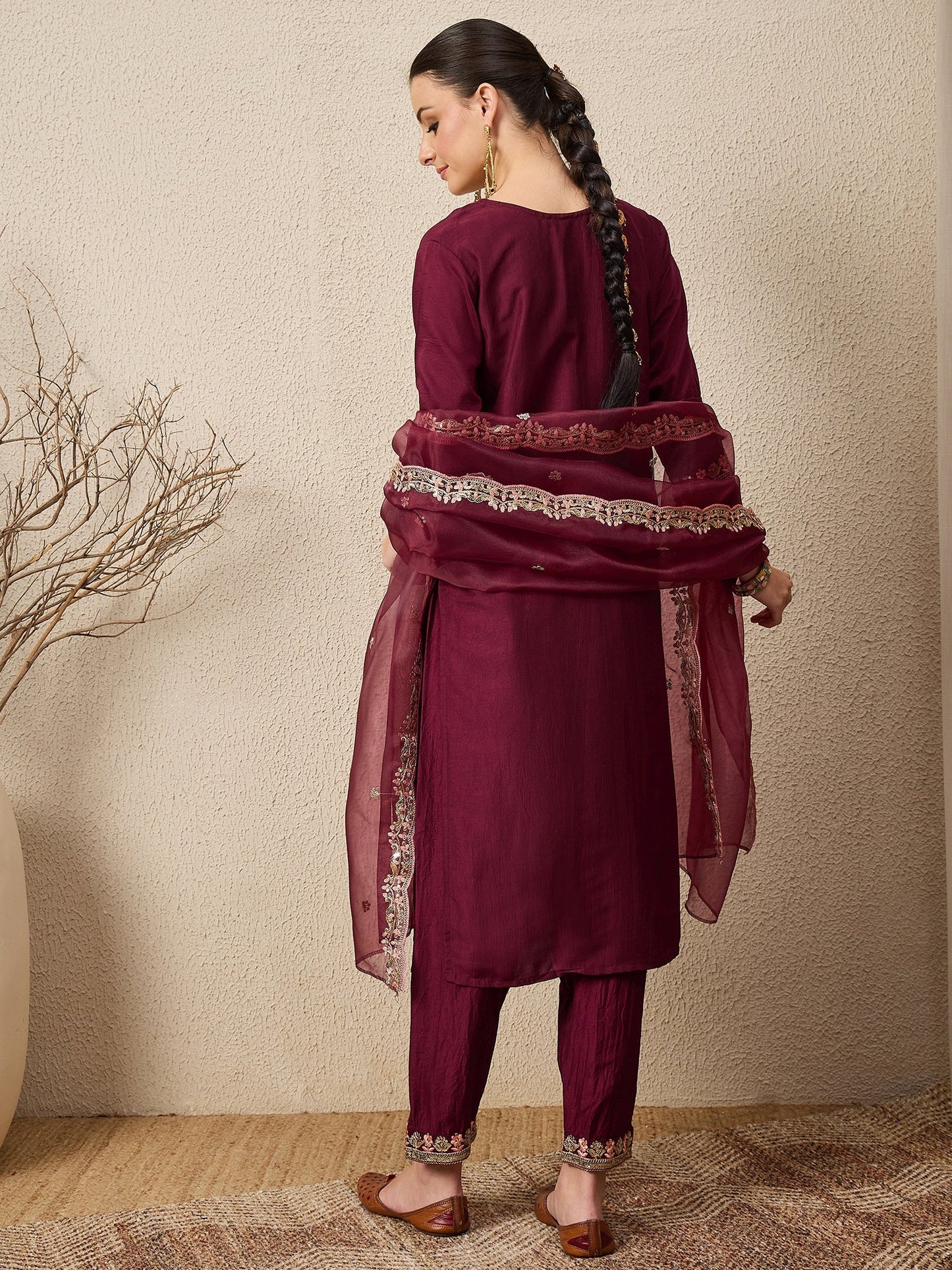 Roop Maroon Yoke Design Silk Blend Straight Suit With Dupatta - FitVibe Fashion