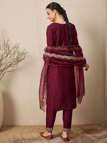 Roop Maroon Yoke Design Silk Blend Straight Suit With Dupatta - FitVibe Fashion