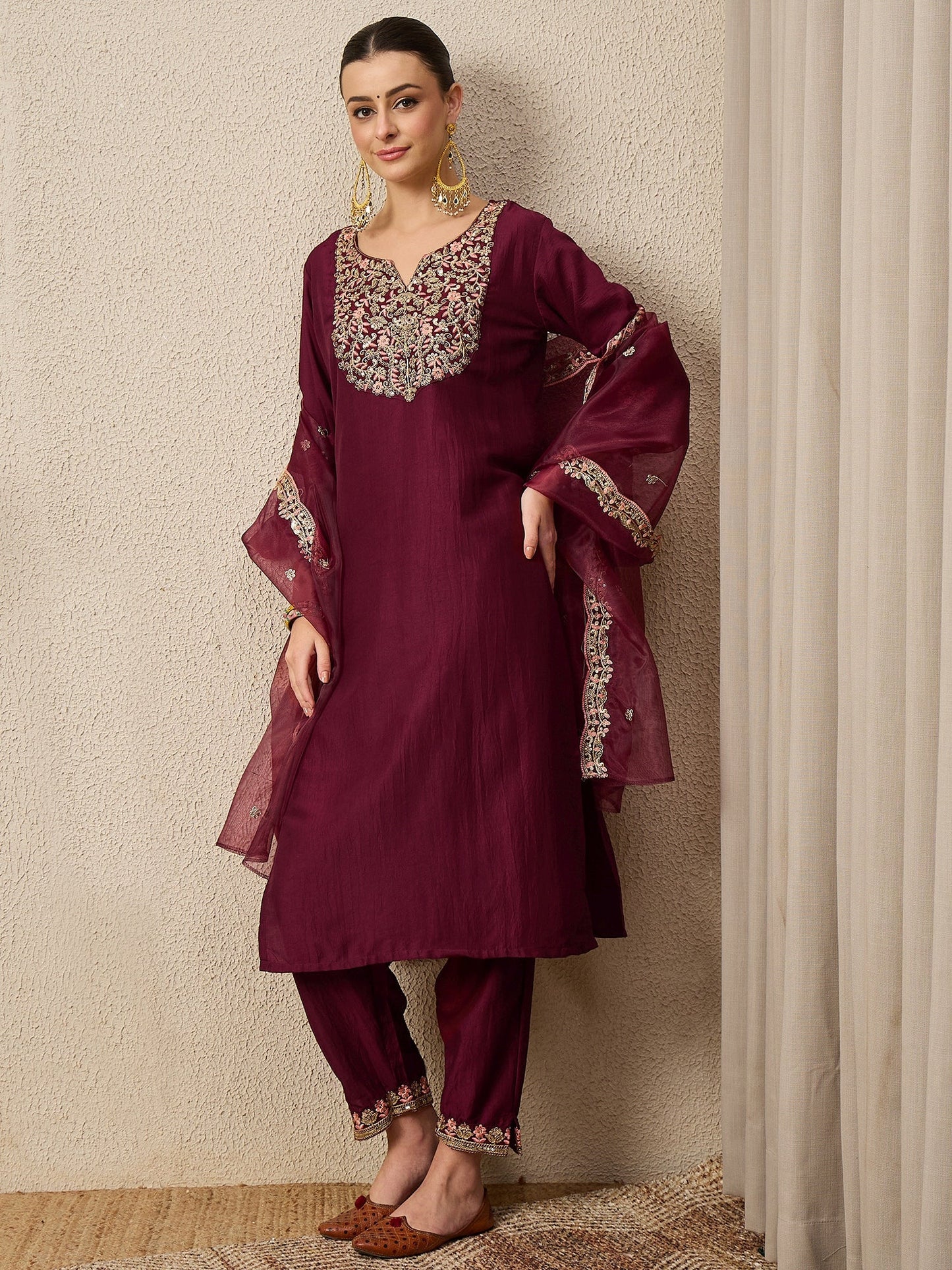 Roop Maroon Yoke Design Silk Blend Straight Suit With Dupatta - FitVibe Fashion