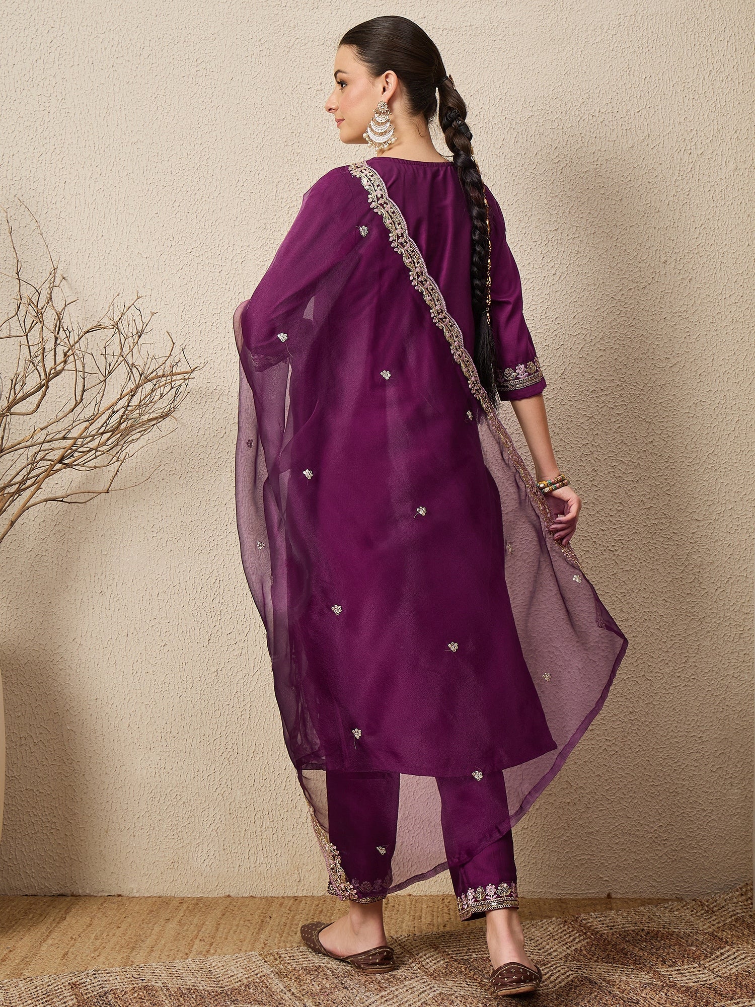 Ridhira Purple Yoke Design Silk Blend Straight Suit With Dupatta - FitVibe Fashion