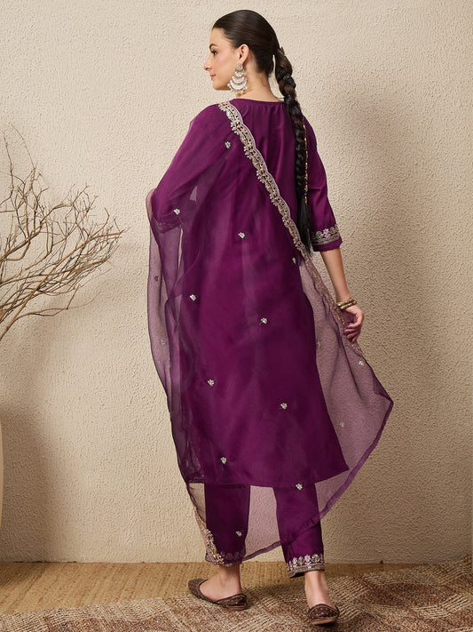 Ridhira Purple Yoke Design Silk Blend Straight Suit With Dupatta - FitVibe Fashion