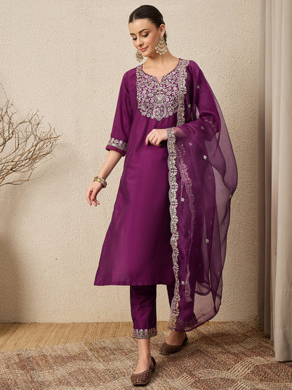 Ridhira Purple Yoke Design Silk Blend Straight Suit With Dupatta - FitVibe Fashion