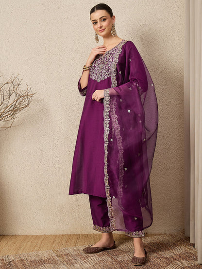 Ridhira Purple Yoke Design Silk Blend Straight Suit With Dupatta - FitVibe Fashion