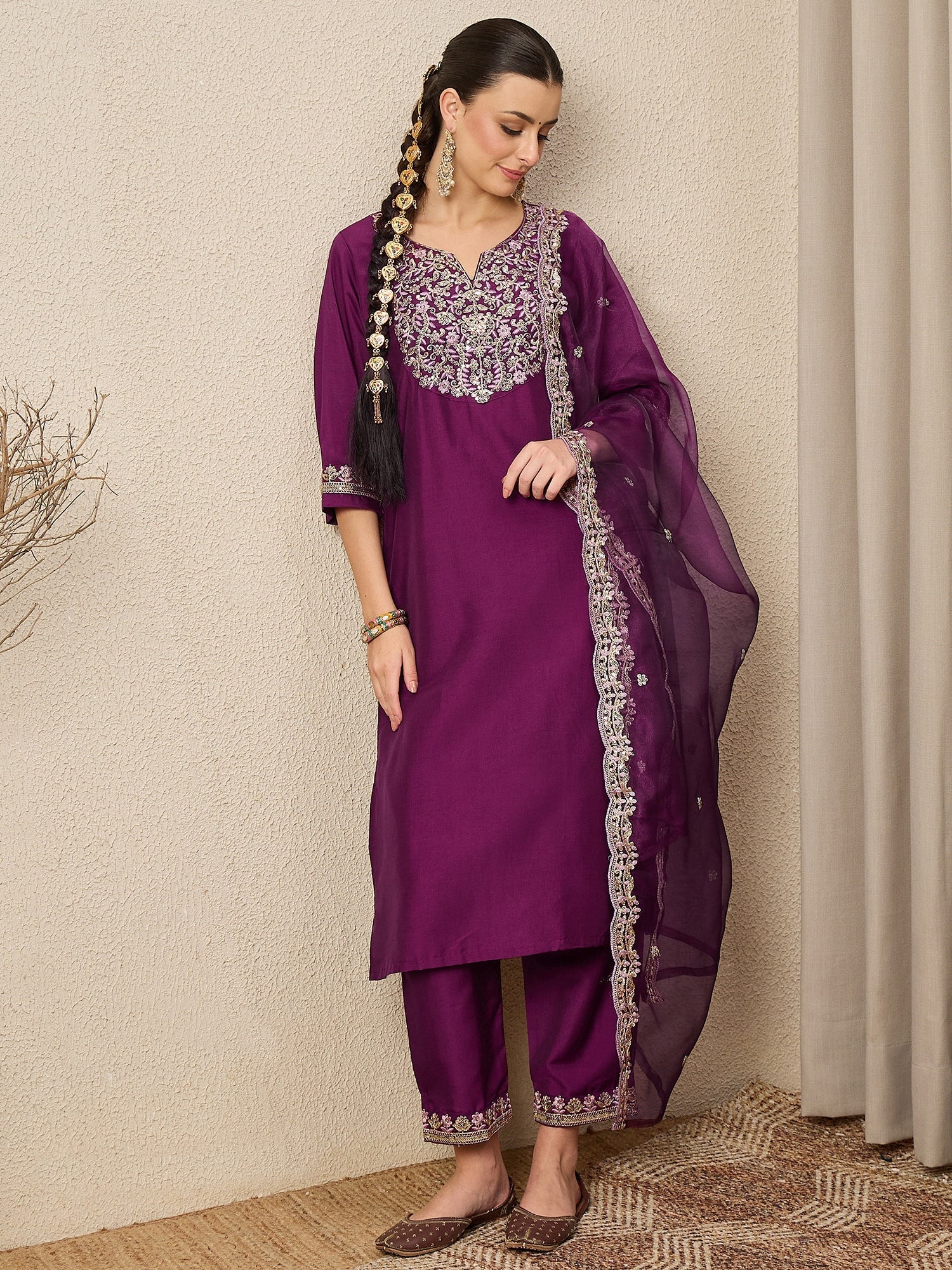 Ridhira Purple Yoke Design Silk Blend Straight Suit With Dupatta - FitVibe Fashion