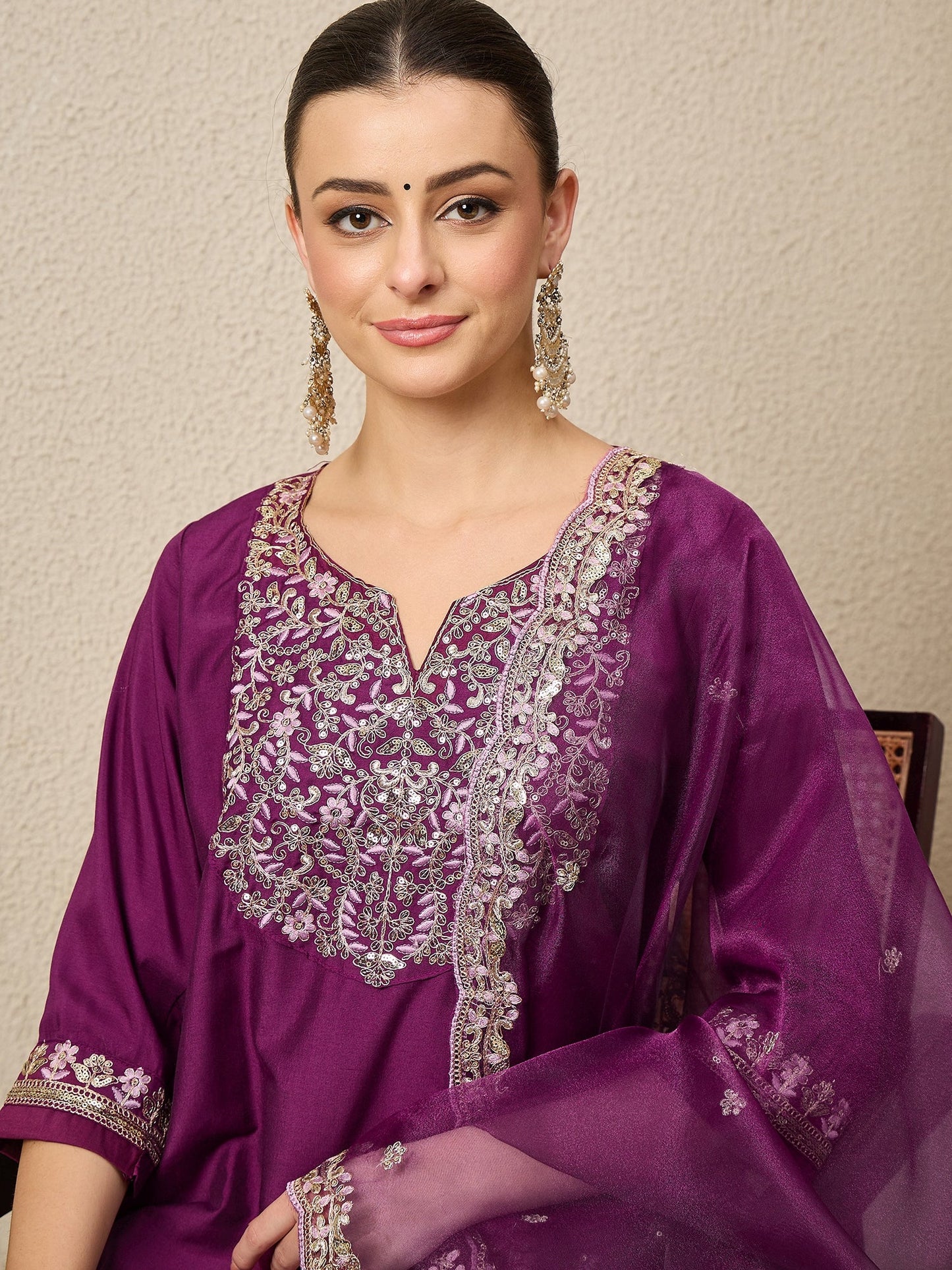 Ridhira Purple Yoke Design Silk Blend Straight Suit With Dupatta - FitVibe Fashion