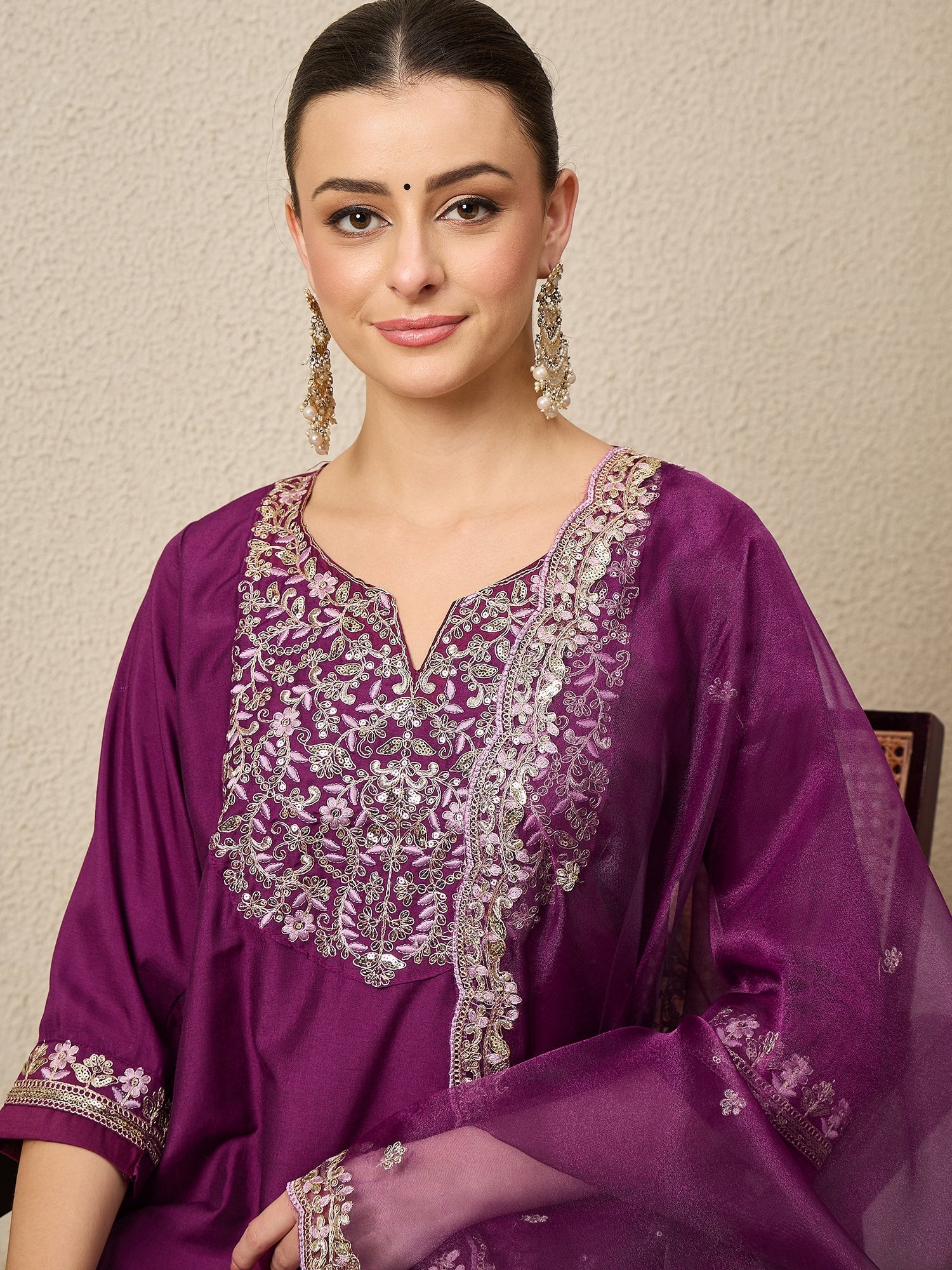 Ridhira Purple Yoke Design Silk Blend Straight Suit With Dupatta - FitVibe Fashion