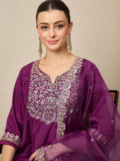 Ridhira Purple Yoke Design Silk Blend Straight Suit With Dupatta - FitVibe Fashion