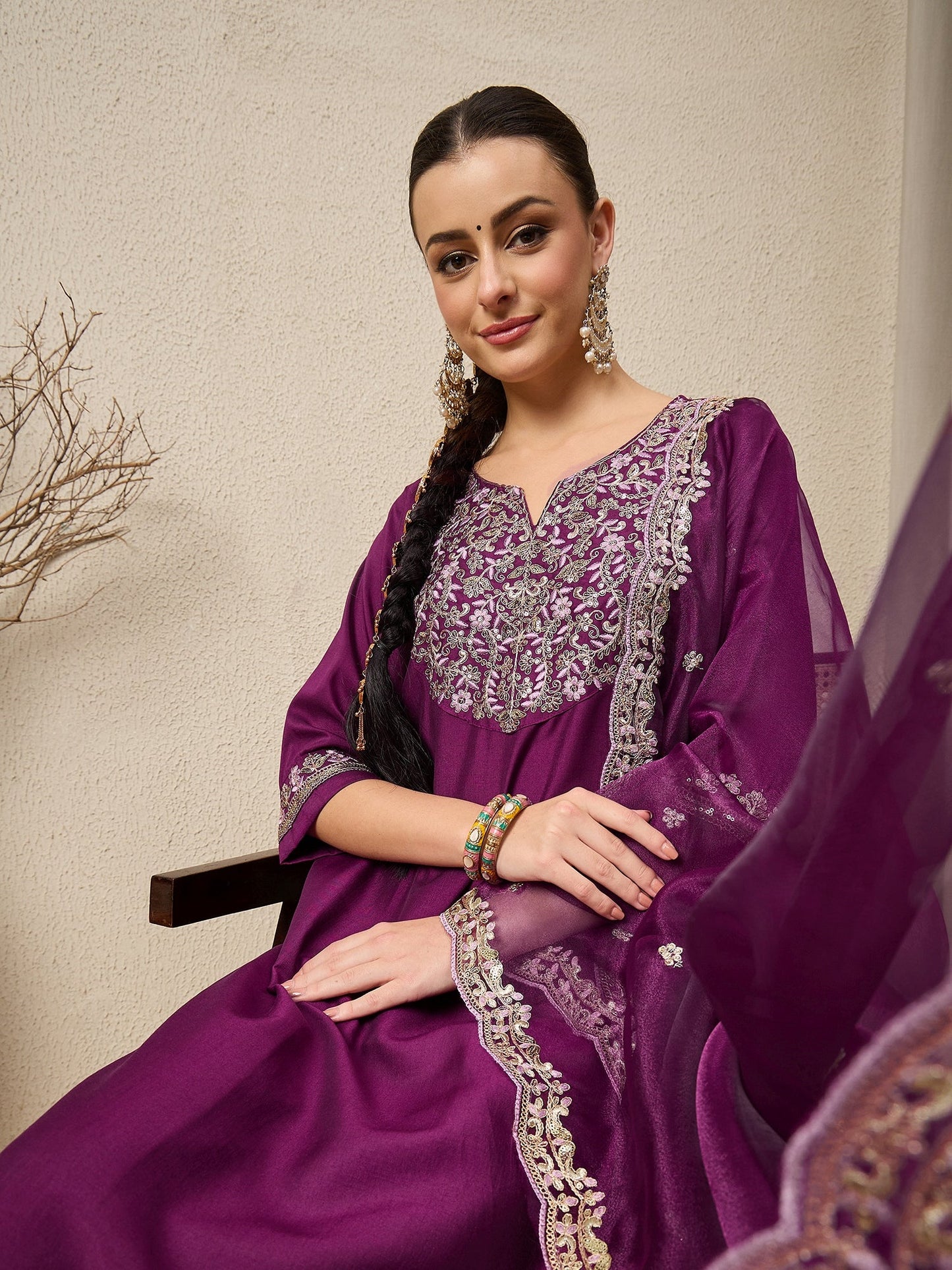 Ridhira Purple Yoke Design Silk Blend Straight Suit With Dupatta - FitVibe Fashion