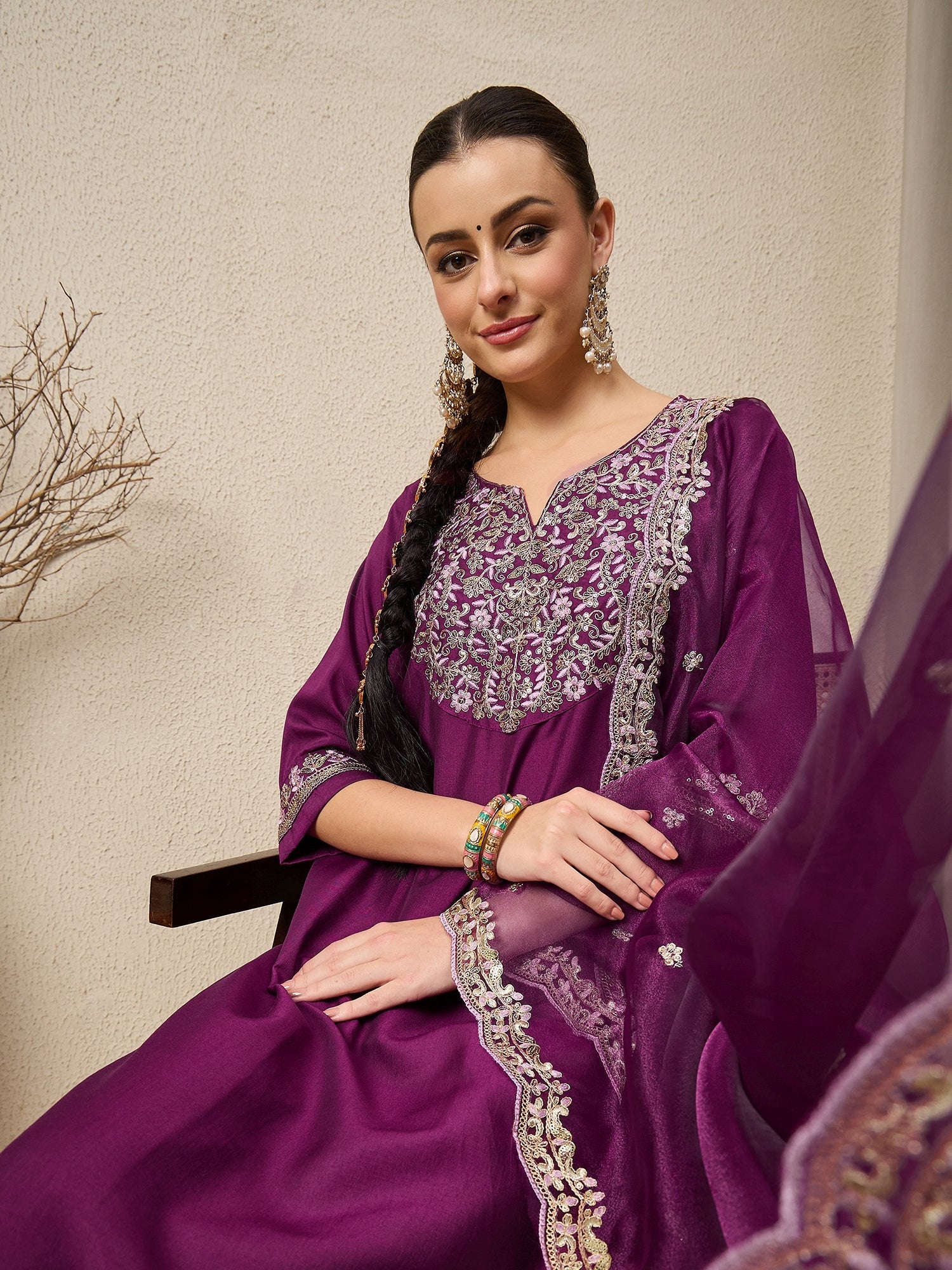 Ridhira Purple Yoke Design Silk Blend Straight Suit With Dupatta - FitVibe Fashion