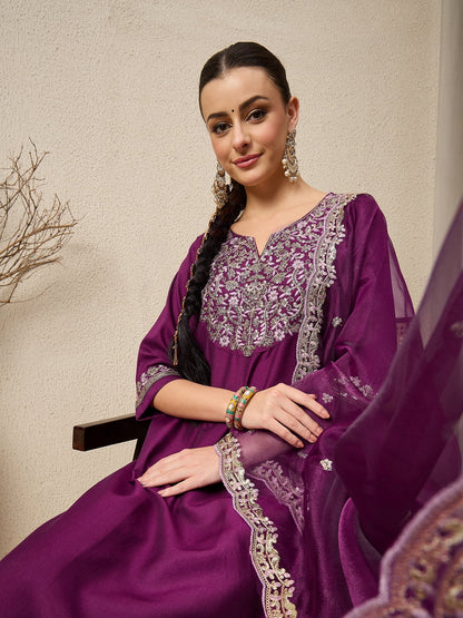 Ridhira Purple Yoke Design Silk Blend Straight Suit With Dupatta - FitVibe Fashion