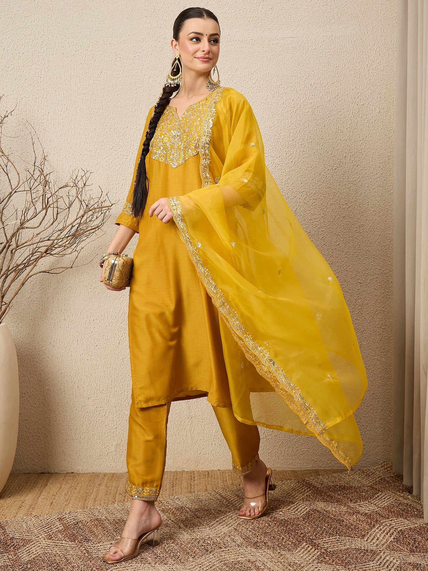 Riwaayat Yellow Yoke Design Silk Blend Straight Suit With Dupatta - FitVibe Fashion