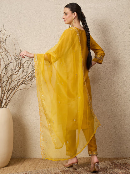 Riwaayat Yellow Yoke Design Silk Blend Straight Suit With Dupatta - FitVibe Fashion