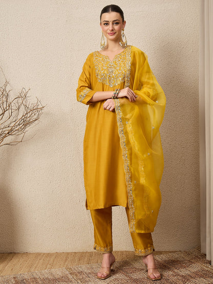 Riwaayat Yellow Yoke Design Silk Blend Straight Suit With Dupatta - FitVibe Fashion