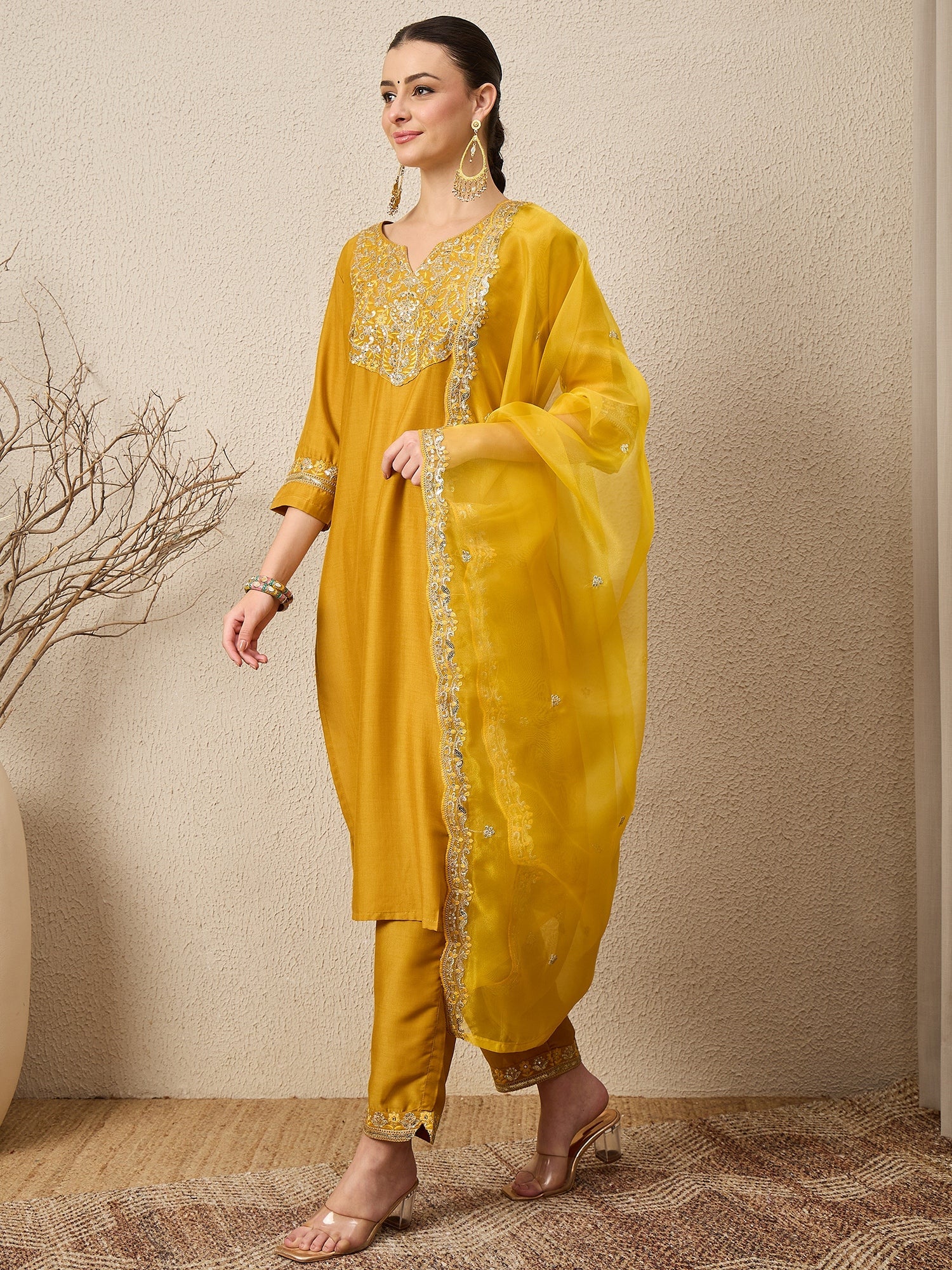 Riwaayat Yellow Yoke Design Silk Blend Straight Suit With Dupatta - FitVibe Fashion