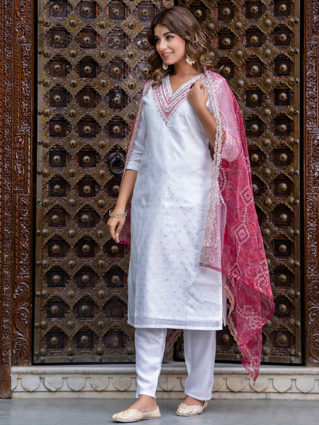 Women Chanderi Kurta & Pant Dupatta Set - FitVibe Fashion