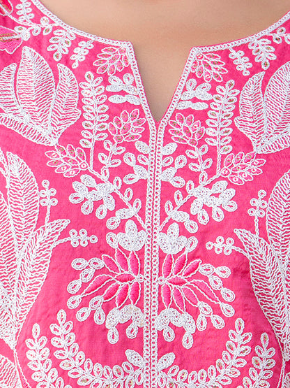 Women's Embroidered Silk Blend Calf Length Straight Kurta Trouser with Dupatta Set - FitVibe Fashion