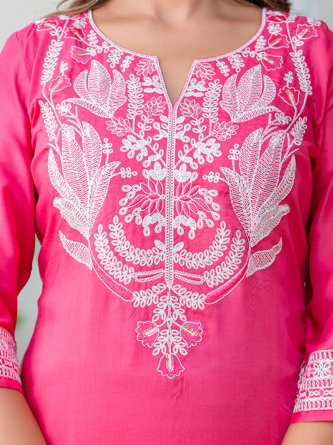 Women's Embroidered Silk Blend Calf Length Straight Kurta Trouser with Dupatta Set - FitVibe Fashion