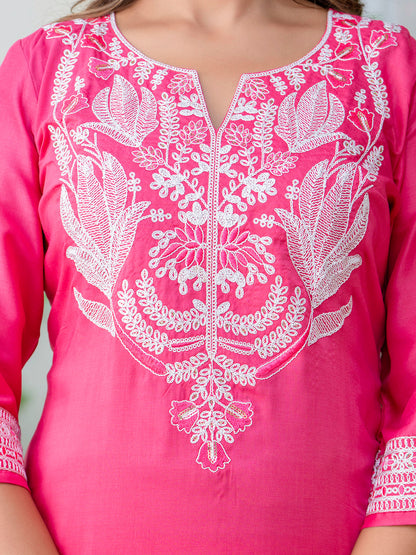 Women's Embroidered Silk Blend Calf Length Straight Kurta Trouser with Dupatta Set - FitVibe Fashion