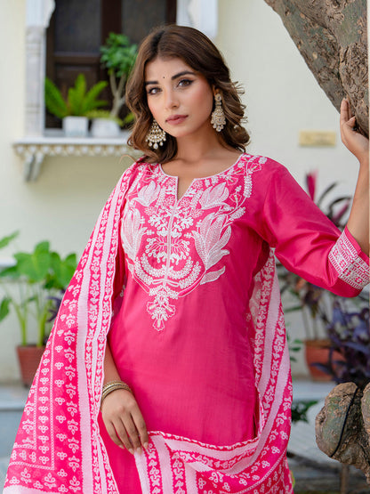 Women's Embroidered Silk Blend Calf Length Straight Kurta Trouser with Dupatta Set - FitVibe Fashion