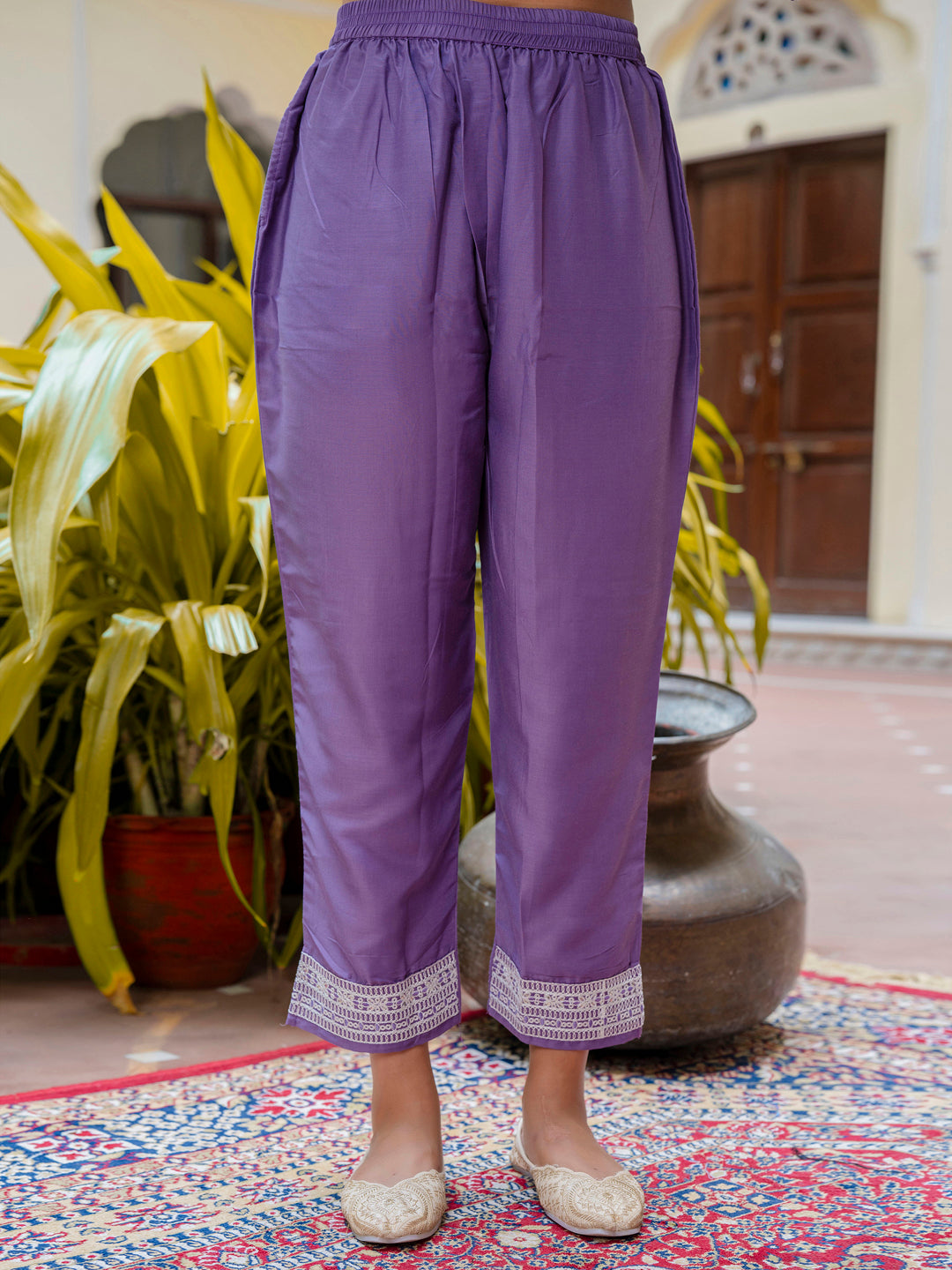 Women's Embroidered Silk Blend Calf Length Straight Kurta Trouser with Dupatta Set - FitVibe Fashion