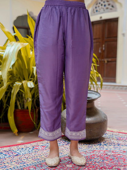 Women's Embroidered Silk Blend Calf Length Straight Kurta Trouser with Dupatta Set - FitVibe Fashion