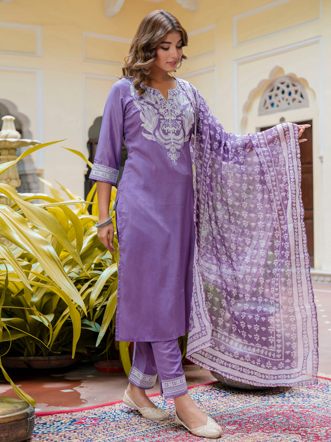 Women's Embroidered Silk Blend Calf Length Straight Kurta Trouser with Dupatta Set - FitVibe Fashion