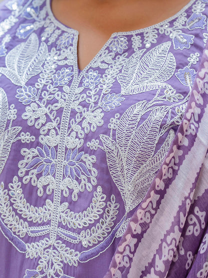 Women's Embroidered Silk Blend Calf Length Straight Kurta Trouser with Dupatta Set - FitVibe Fashion