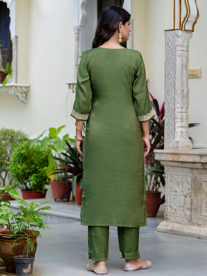 Women's Embroidered Silk Blend Calf Length Straight Kurta Trouser with Dupatta Set - FitVibe Fashion