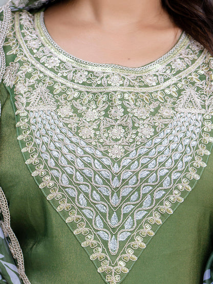 Women's Embroidered Silk Blend Calf Length Straight Kurta Trouser with Dupatta Set - FitVibe Fashion