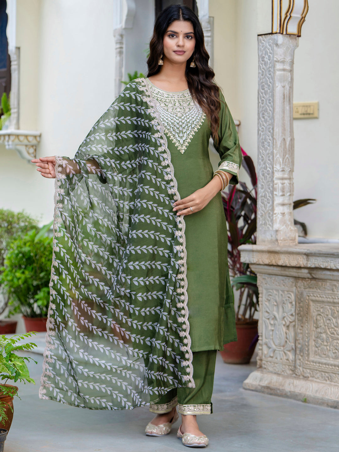 Women's Embroidered Silk Blend Calf Length Straight Kurta Trouser with Dupatta Set - FitVibe Fashion