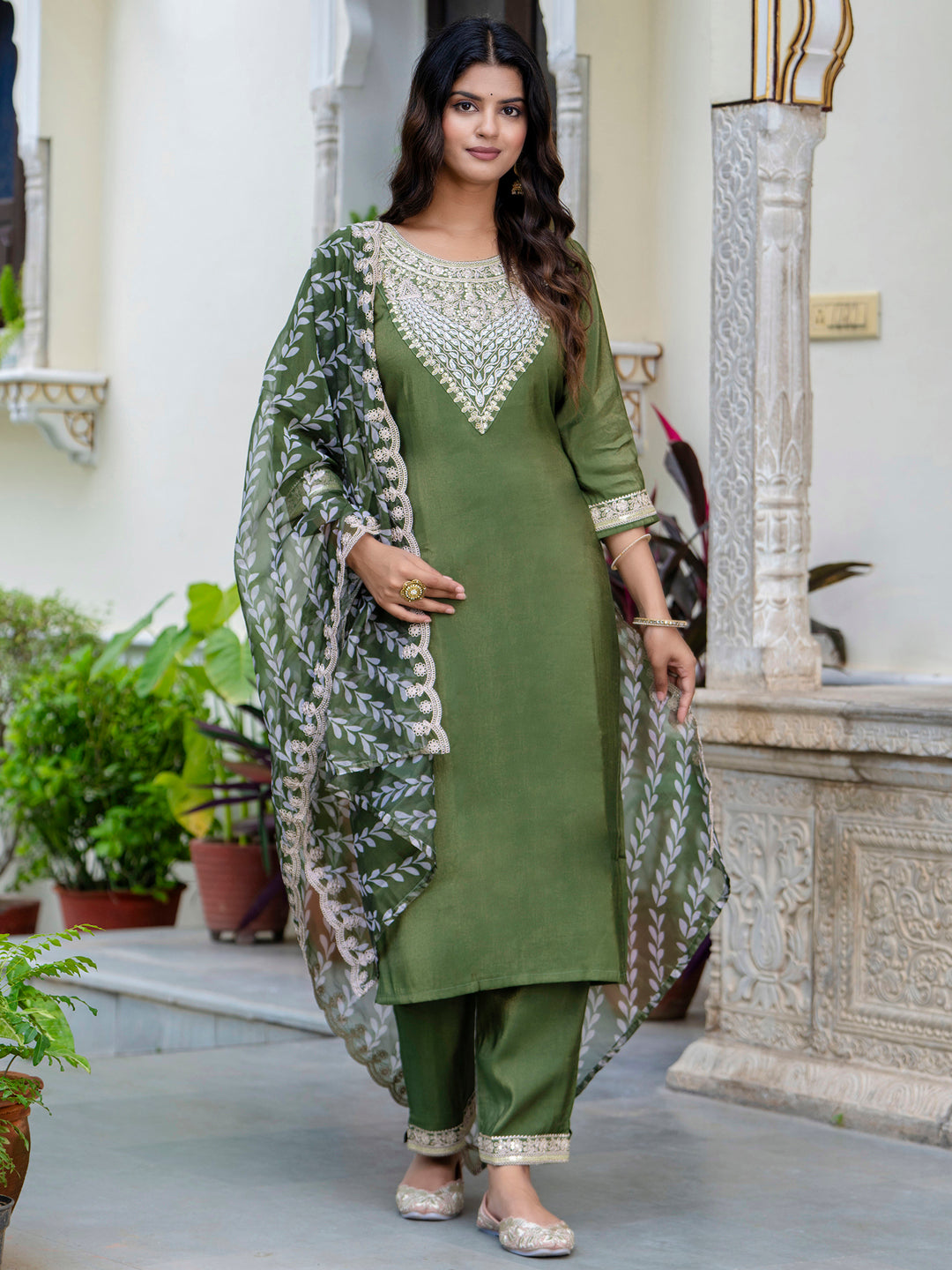 Women's Embroidered Silk Blend Calf Length Straight Kurta Trouser with Dupatta Set - FitVibe Fashion