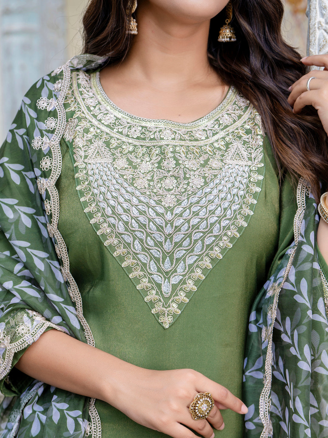 Women's Embroidered Silk Blend Calf Length Straight Kurta Trouser with Dupatta Set - FitVibe Fashion