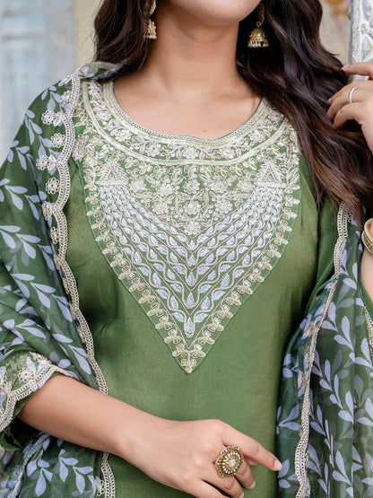 Women's Embroidered Silk Blend Calf Length Straight Kurta Trouser with Dupatta Set - FitVibe Fashion
