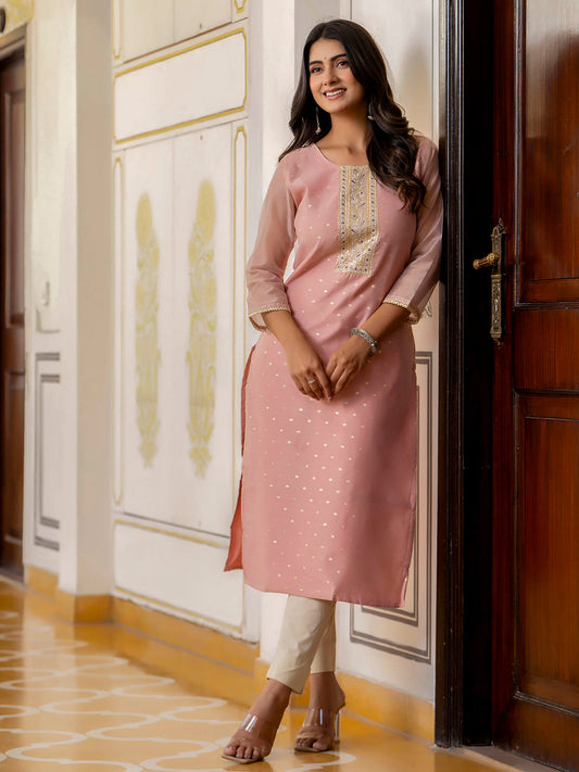 Women Embroidered Silk Blend Straight Kurta - FitVibe Fashion