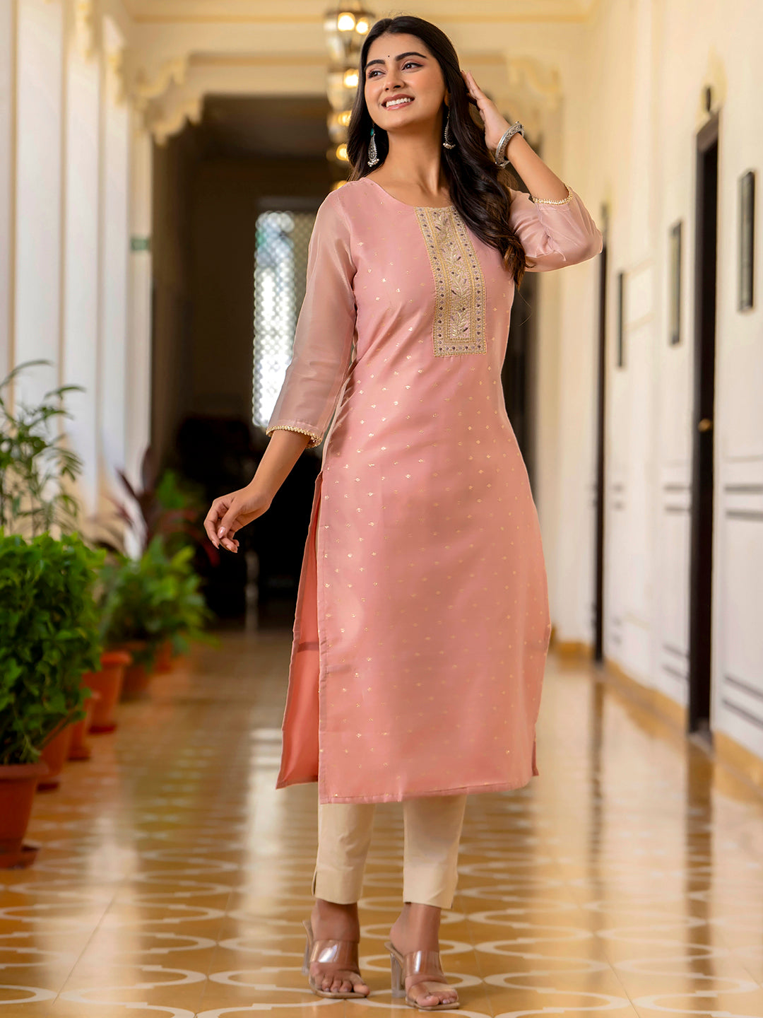 Women Embroidered Silk Blend Straight Kurta - FitVibe Fashion