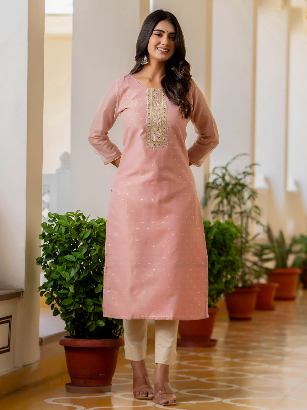 Women Embroidered Silk Blend Straight Kurta - FitVibe Fashion