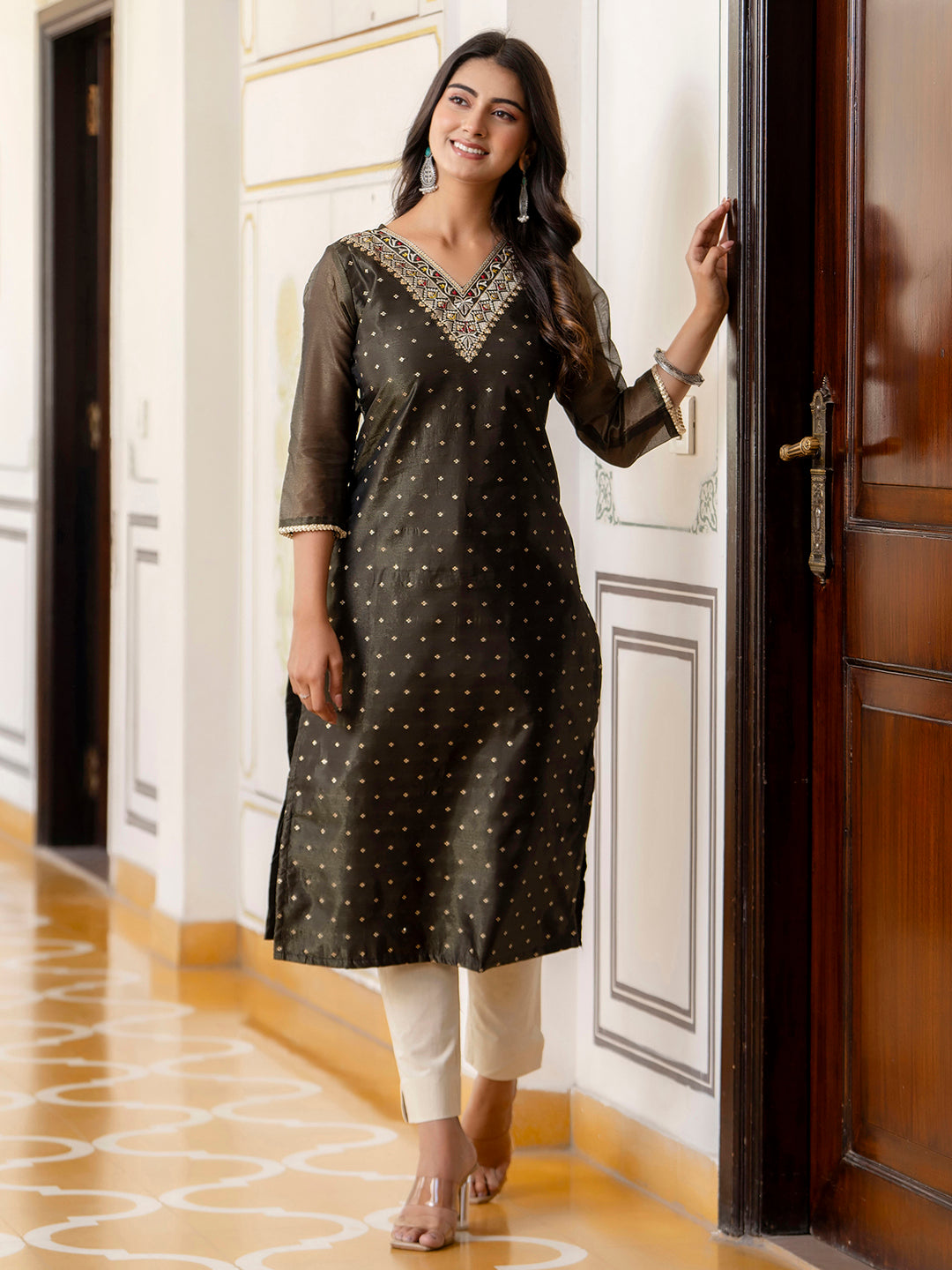 Women Embroidered Silk Blend Straight Kurta - FitVibe Fashion