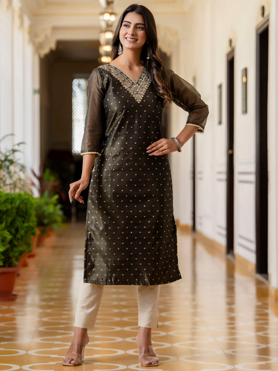 Women Embroidered Silk Blend Straight Kurta - FitVibe Fashion